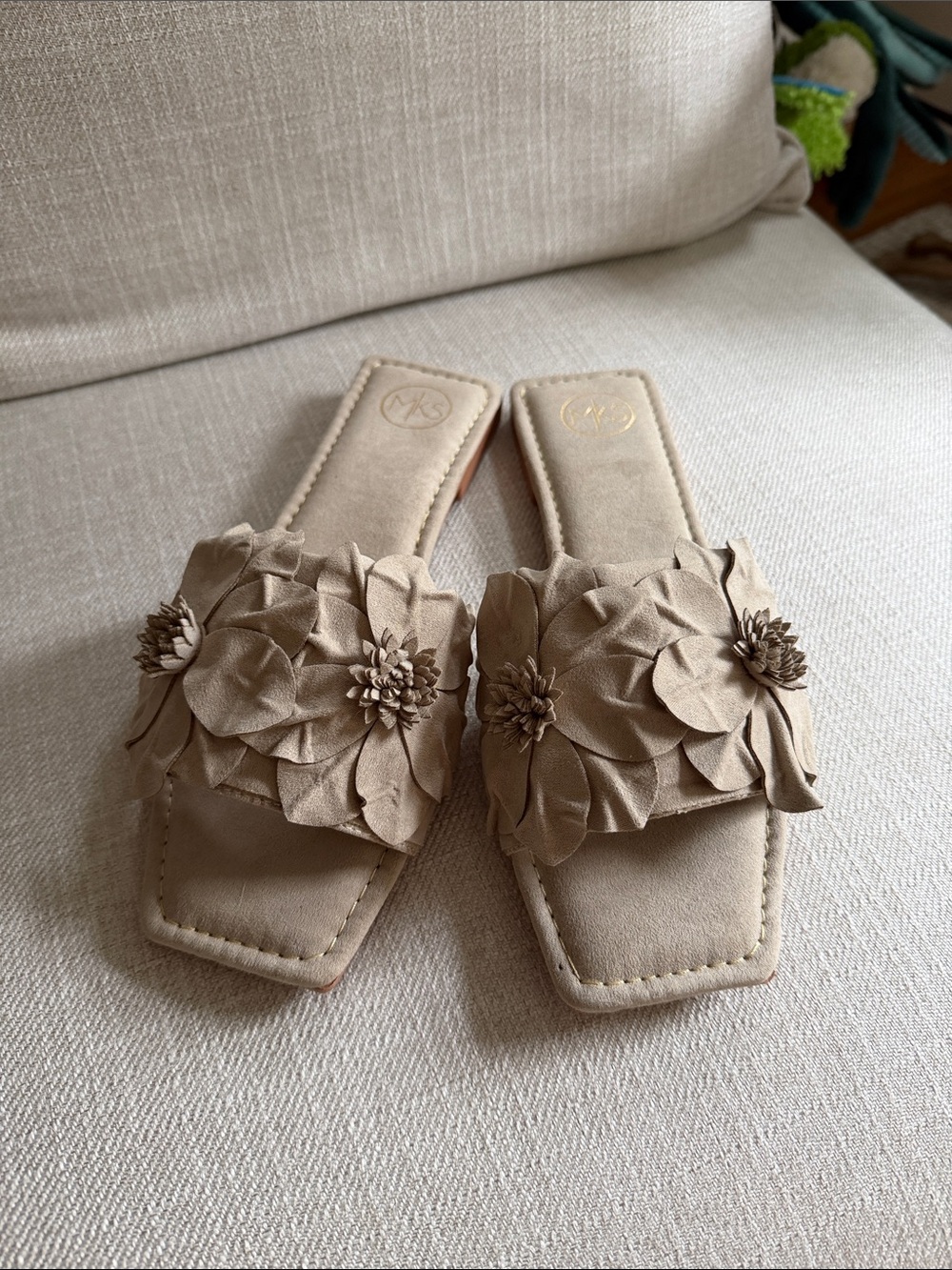 MKS Taupe Floral Appliqué Slide Soft Mules